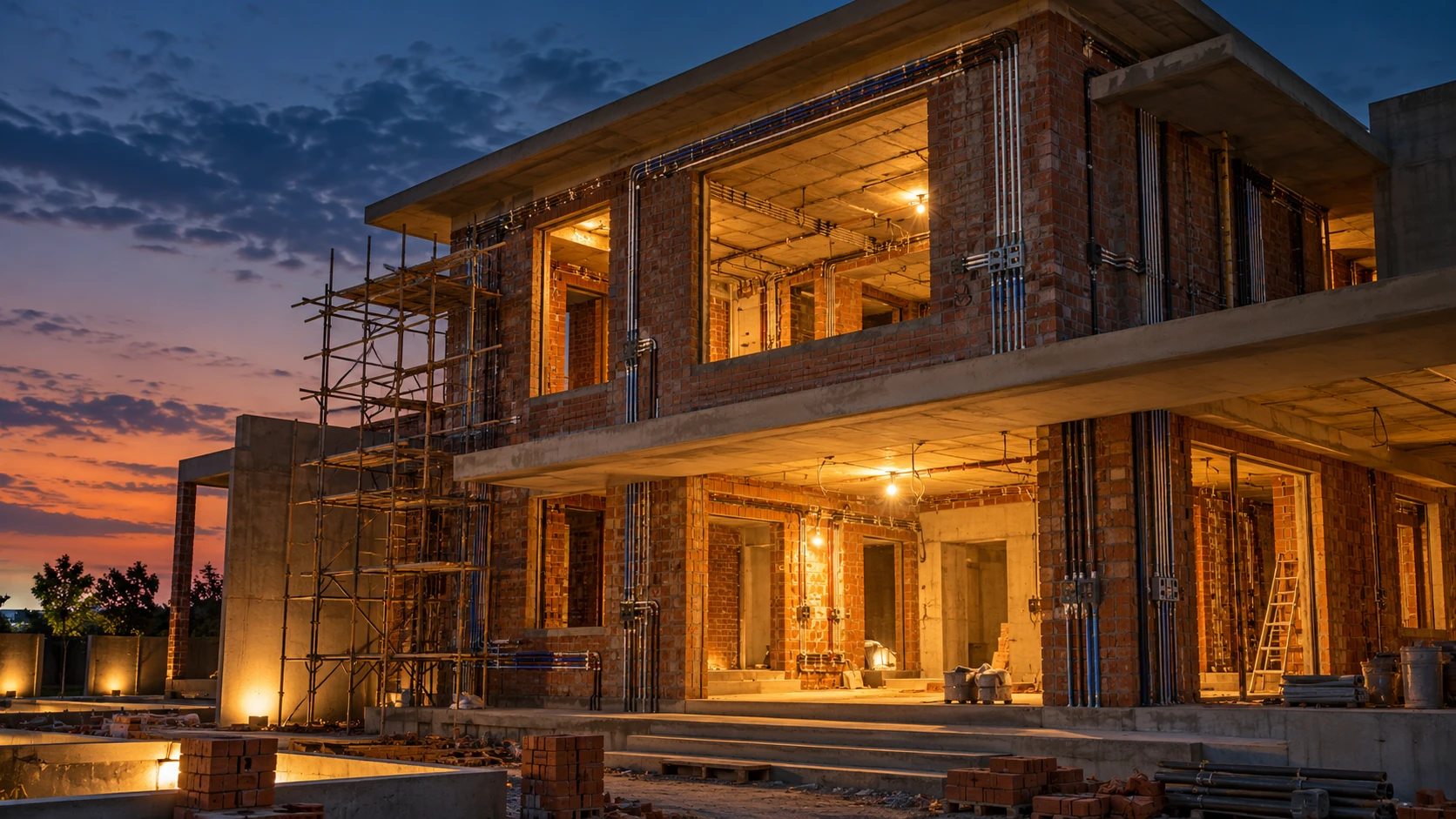 An Ahmedabad bungalow under construction at dusk, with electrical conduits and wiring visible in the exposed brick walls before plastering