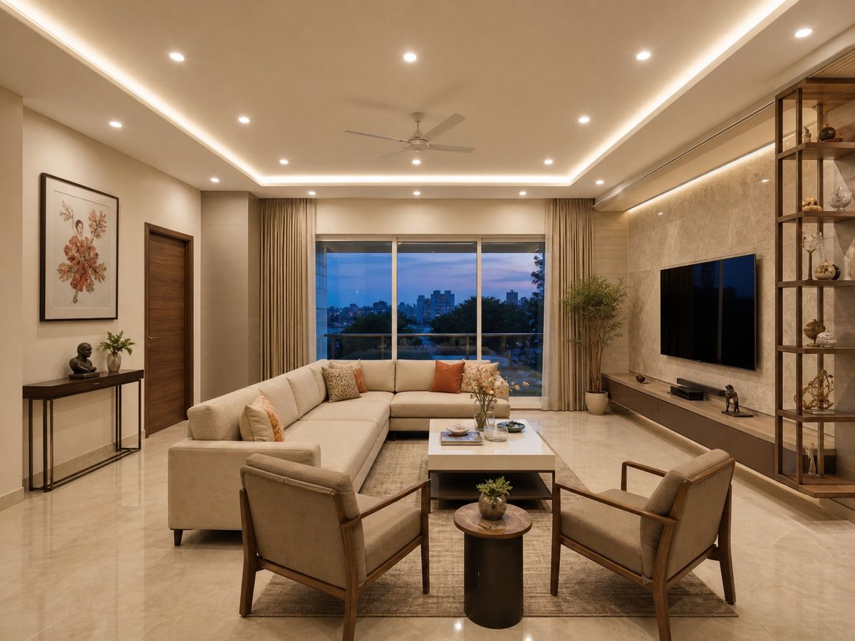 General ambient lighting: a living room evenly lit with no harsh shadows