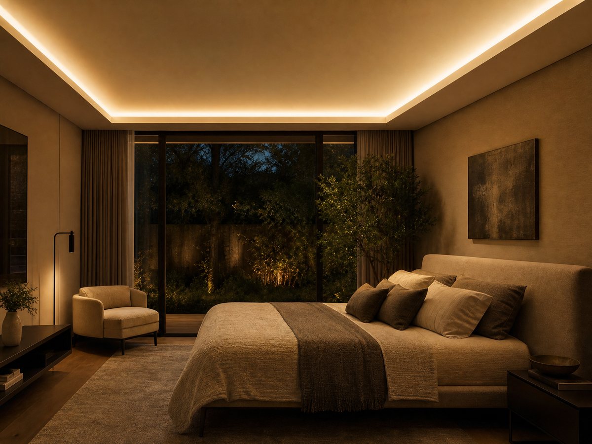 Indirect lighting: a ceiling cove strip bouncing light off the ceiling, no visible fixture