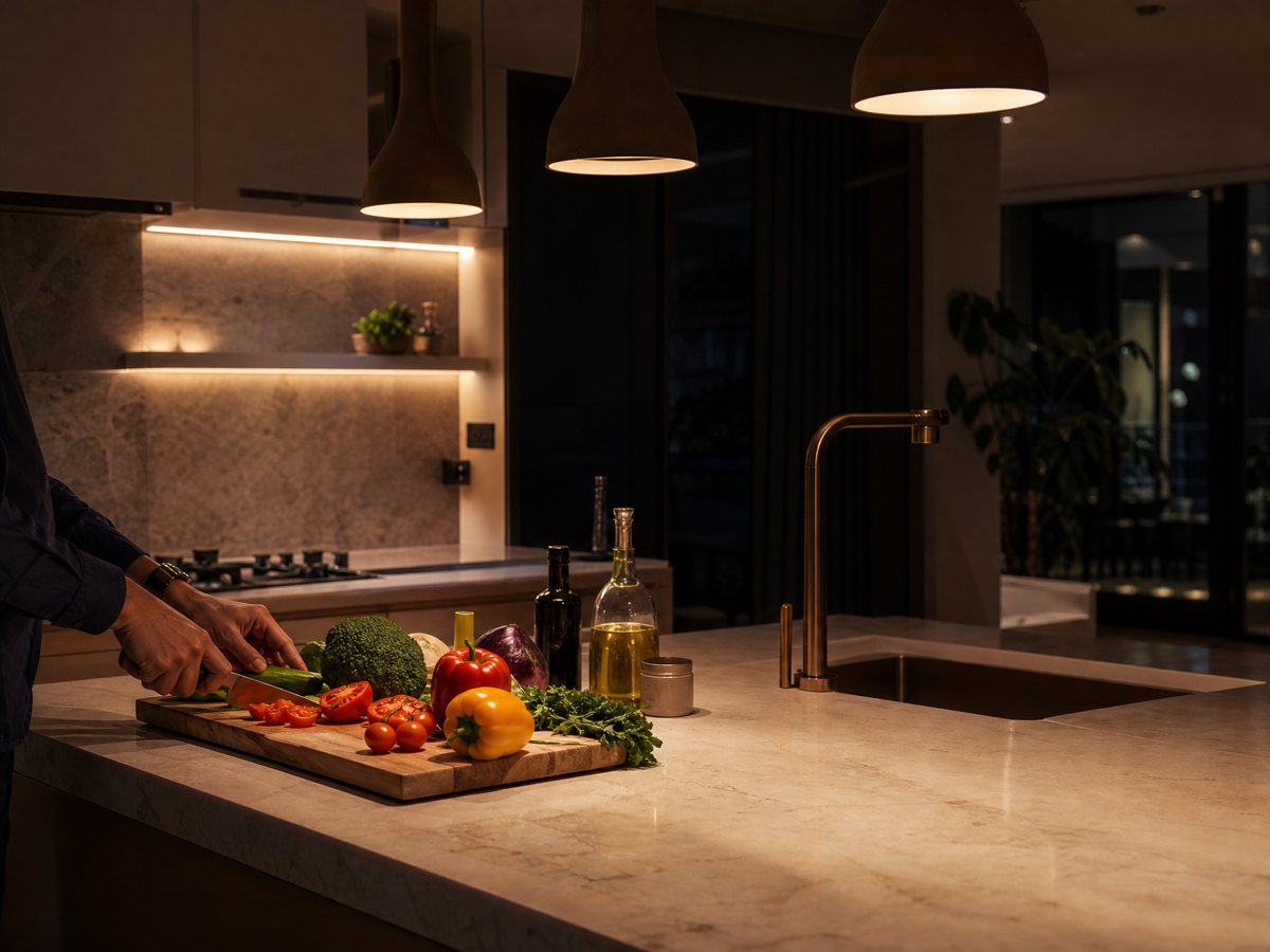 Task lighting: focused light on a kitchen countertop while chopping vegetables