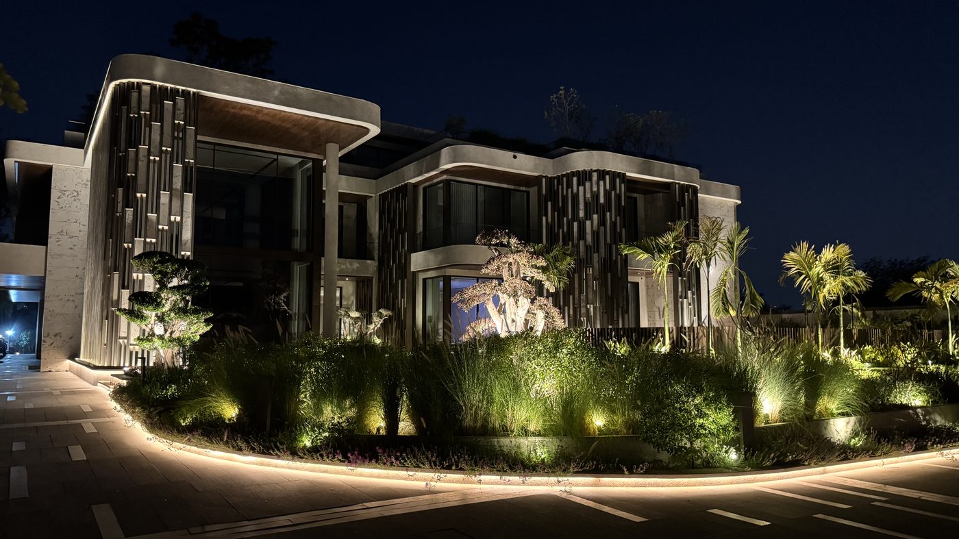 Rohan Kataria residence at night showing architectural lighting design, Ahmedabad